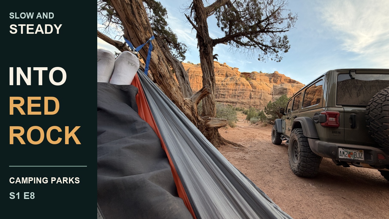 Sarge beside a hammock at the real Utah red-rock campsite, with INTO RED ROCK lettering